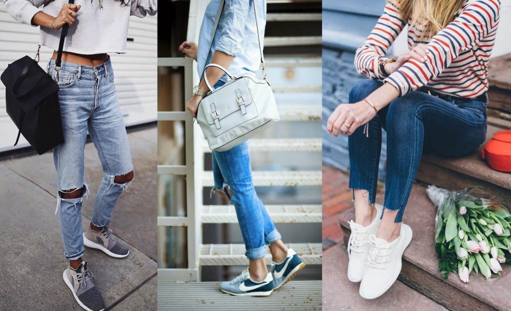Phối quần jean với giày thể thao nữ