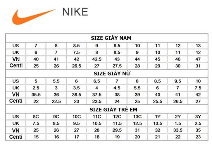 Bảng đo size giày Nike