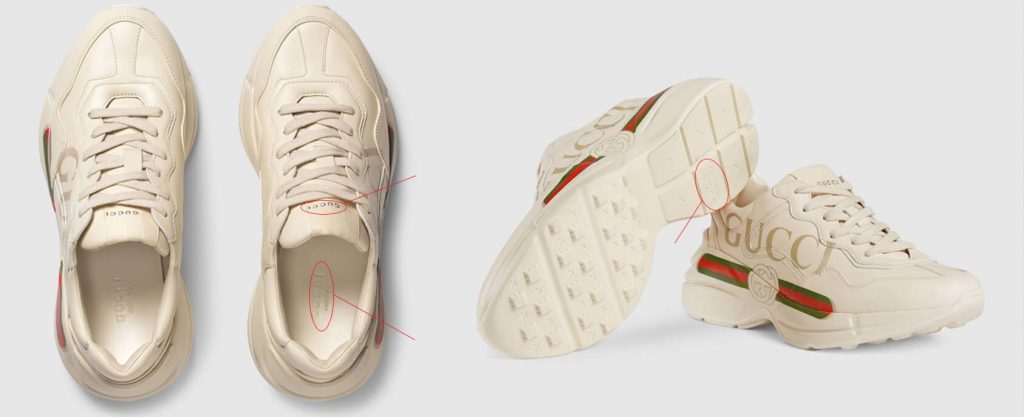 Logo thương hiệu của hãng được sắp xếp ở nhiều nơi trên đôi giày Gucci Chunky Rhyton như lưỡi gà, đế lót, dưới đế giày ...
